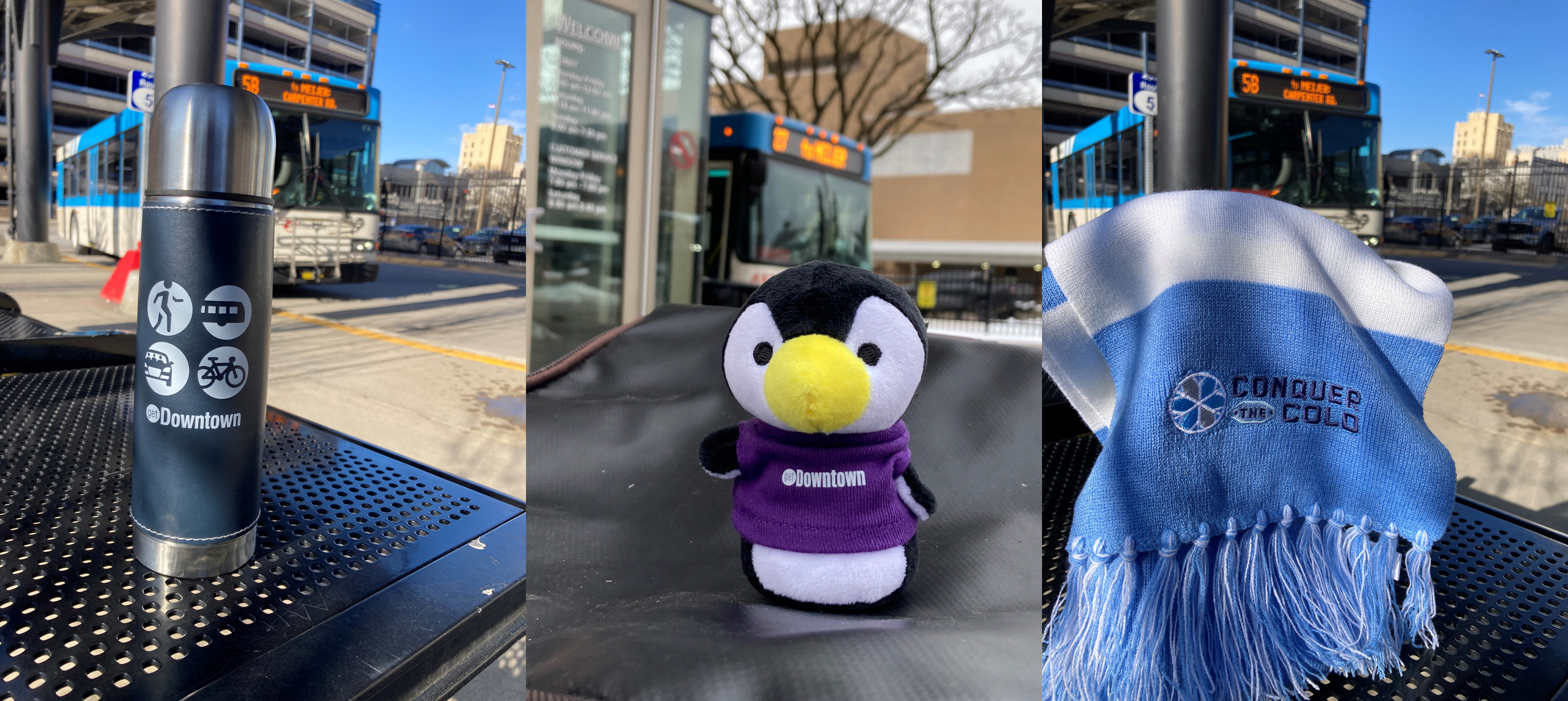 Branded thermal bottle, toy penguin and scarf at a bus station